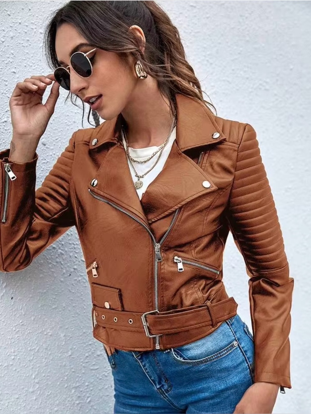 Women’s Zip Up Belted Biker Moto Jacket Cropped Camel Brown Faux Leather XL